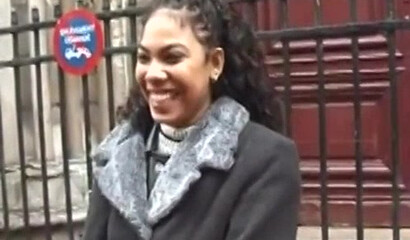 A pretty black woman was let in a circle in group porn